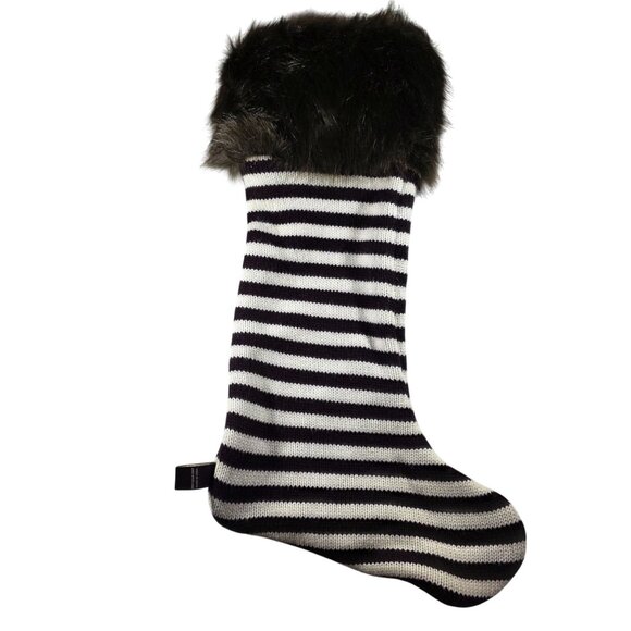 Henri Bendel Striped Knit Christmas Stocking Faux Fur Cuff Black & White - Picture 2 of 6
